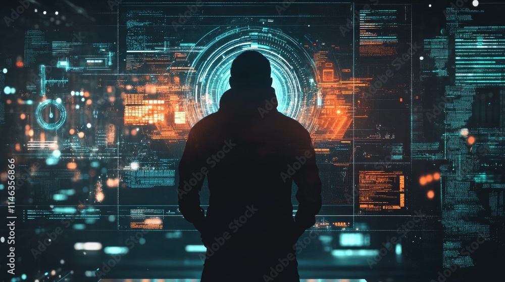 Poster a silhouette of a person in a dark hoodie standing in front of a futuristic digital display filled w