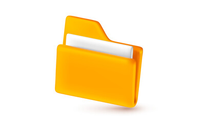 Vector business realistic illustration of office yellow paper document folder icon isolated on white background. 3d cartoon style design of computer file folder archive. Business portfolio symbol