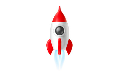 Vector startup realistic illustration of red spaceship icon with fire isolated on white background. 3d cartoon style design of toy space rocket launch. Shuttle takeoff, business startup ship symbol