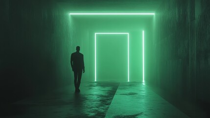 Vibrant neon lights illuminate a tunnel with colorful reflections creating a surreal atmosphere