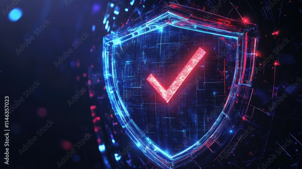 Poster neon shield with check mark signifying security and protection in a digital environment, representin