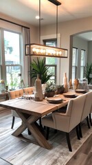 Contemporary dining room with elegant wood table and soft beige chairs
