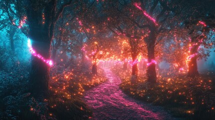 Enchanted Forest Path with Glowing Lights and Ethereal Atmosphere Perfect for Fantasy and Nature Themes in Stock Photography