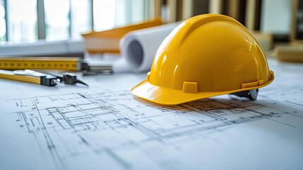 Yellow construction helmet placed on architectural blueprints with tools and rolls of paper in the background, symbolizing building and design projects in progress