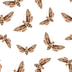 Brown and beige butterflies in vintage style on a whitebackground, seamless pattern. Watercolor illustration. For fabric,textiles, wallpaper, wrapping paper, wrappers, covers, prints, clothing.
