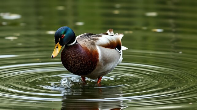 Mallard duck foraging in a tranquil pond with ripples creating circular patterns on the water surface - Powered by Adobe