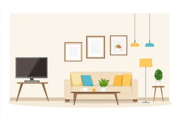 Minimalist interior design for a modern living room in a studio apartment, complete with a beige sofa and pouf.