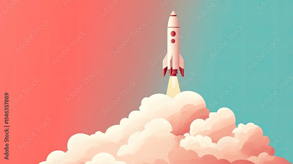 Poster retro style rocket launching through vibrant clouds with gradient background in bright red and blue 