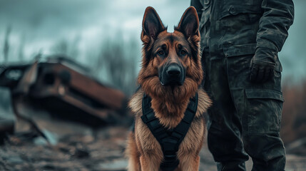 German Shepherd wearing rescue harness stands alert beside person in military gear, set against rugged outdoor background with debris and overcast skies