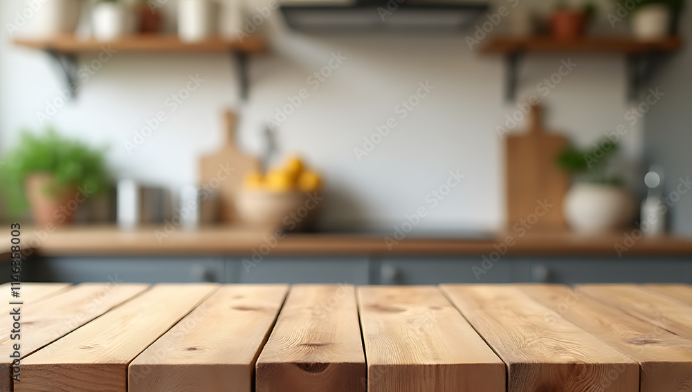Poster wooden tabletop blurred in focus on a kitchen counter background used for product display or key des
