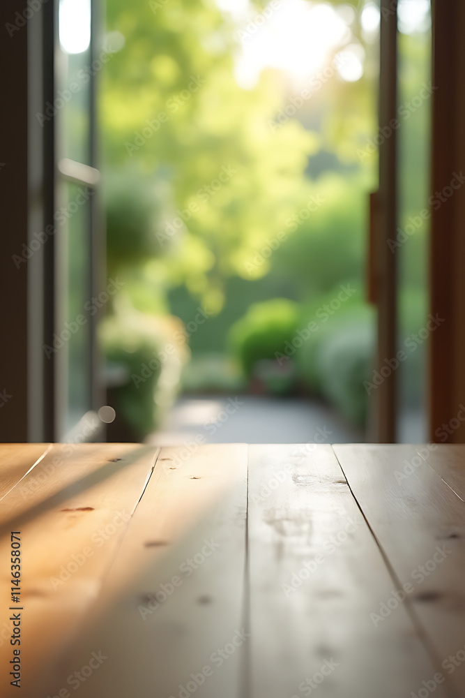 Poster Wooden table top surface blends into a soft blur with the garden in view outside through the adjacent window._00003_