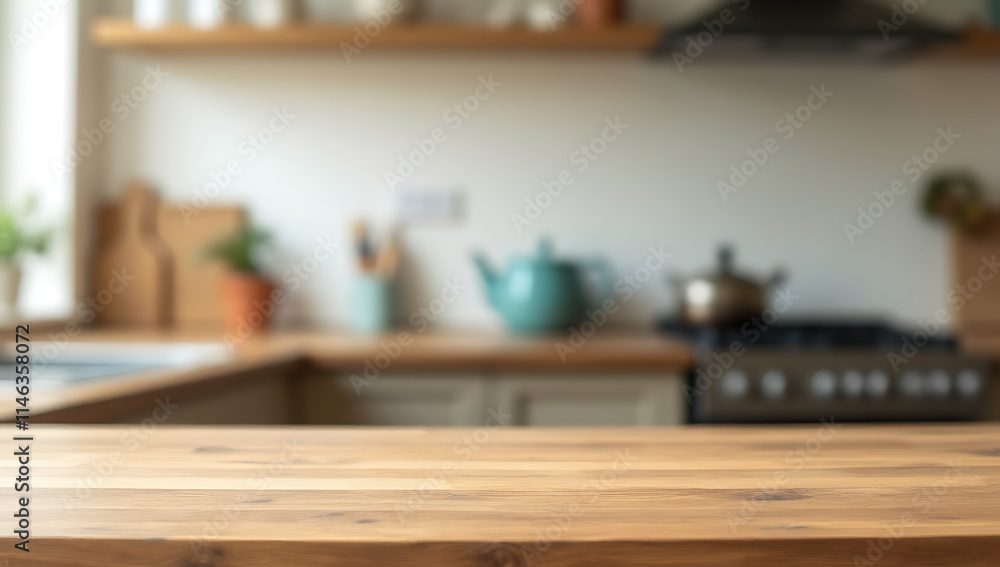 Poster wooden tabletop blurred in focus on a kitchen counter background used for product display or key des