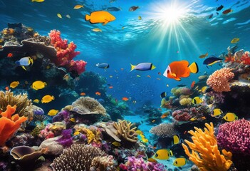 vibrant underwater scene featuring diverse marine fauna colorful coral reefs variety fish species lively aquatic environment, creatures, life, catalog