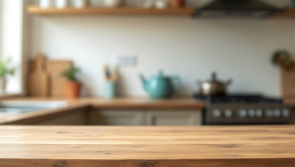 Wooden tabletop blurred in focus on a kitchen counter background used for product display or key design visuals._00001_