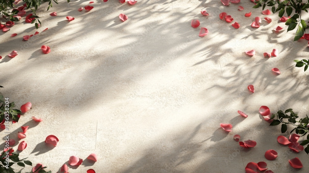 Poster rose petals in soft shades of pink scatter across a light, textured surface, creating a romantic atm