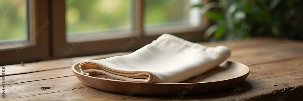 Aufkleber Wooden table setting with napkin or fabric and a clipping path for use as a design key visual background._00001_