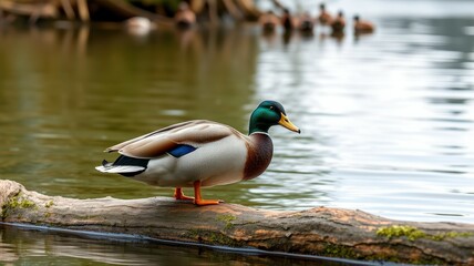 Fototapeta premium Bird resting on a log near calm water in a natural setting during daylight hours