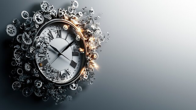 Exploding clock with gears, time mechanism concept.