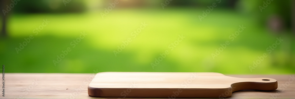 Poster Wood countertop with a cutting board is in sharp focus while a blurred green lawn serves as the background._00003_