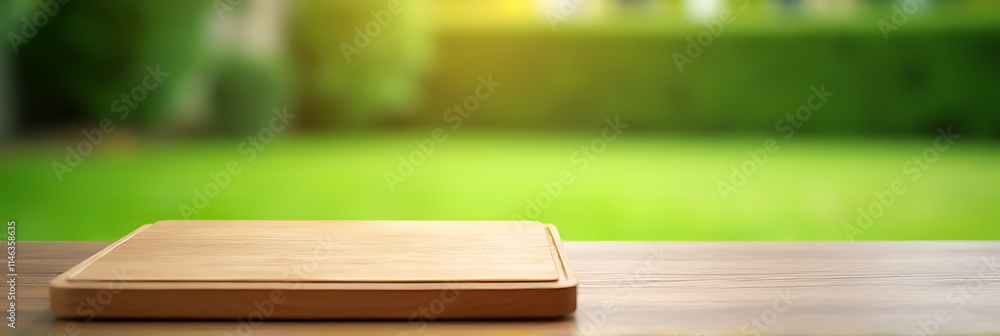 Poster Wood countertop with a cutting board is in sharp focus while a blurred green lawn serves as the background._00001_