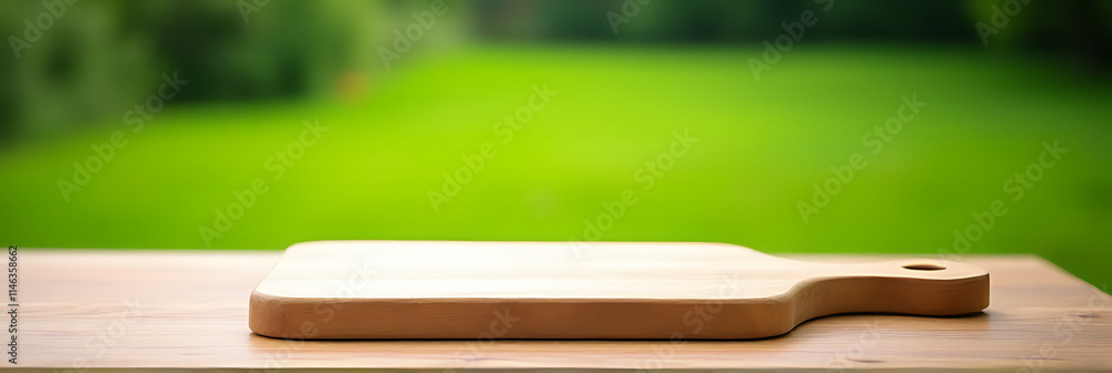 Poster Wood countertop with a cutting board is in sharp focus while a blurred green lawn serves as the background._00002_