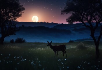 serene nocturnal scenery grazing silhouette luminous moonlit sky featuring stars clouds, agriculture, allure, beauty, calm, coast, daybreak, dusk, evening