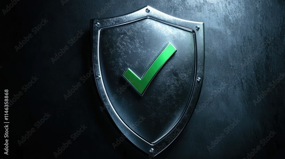Poster metallic shield with green checkmark symbolizing security and trust in digital environments and onli