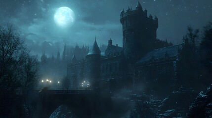 Old castle bathed in moonlight with stars twinkling above creating a mysterious vibe