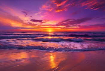 vibrant beach sunset over calm waves creating stunning visual warm hues reflecting tranquil shoreline gentle ocean swells, horizon, water, colors, view