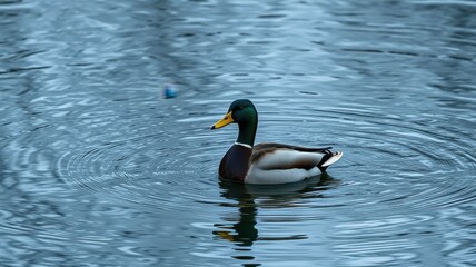 Obraz premium Mallard duck swims gracefully on a calm lake reflecting the blue sky at dawn