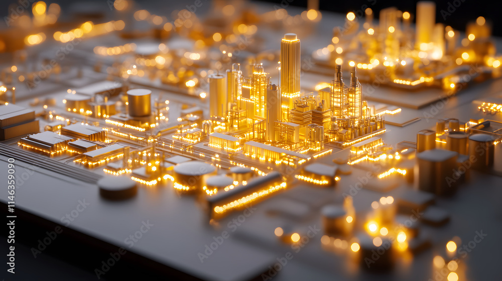 Poster a futuristic circuit board featuring illuminated golden city structures, representing technology and