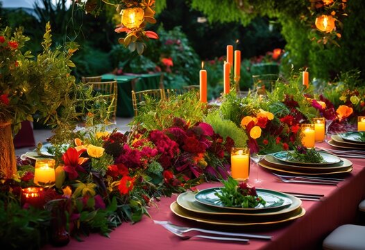 vibrant foliage framing lush displays exquisite gourmet dishes colorful culinary creations, arrangement, buffet, catering, dining, edible, elegant, feast