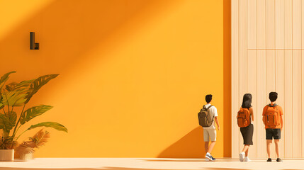 Fototapeta premium A vibrant orange wall serves as a backdrop for three individuals, two standing side by side, creating a warm, inviting atmosphere