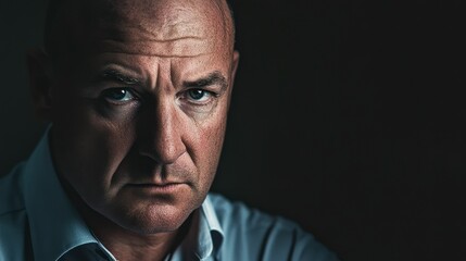 Obraz premium Intense Portrait of a Serious Man with Short Hair and Blue Eyes in Low-Light Environment Highlighting Strong Facial Features and Deep Emotional Expression