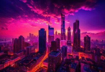 Fototapeta premium vibrant skyline silhouettes dusk horizon highlighted luminous colors radiant clouds, cityscape, twilight, lights, nightfall, architecture, view, urban