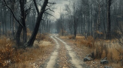 Obraz premium A worn dirt road winds its way through a decaying forest, where the once-thriving trees are now dying
