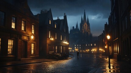 rainy night in old town with cathedral