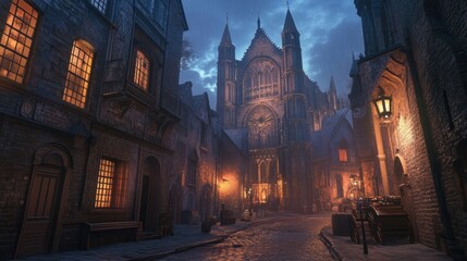 Fototapeta premium medieval city street at dusk
