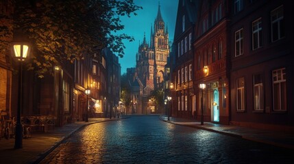 Naklejka premium night street scene with gothic cathedral