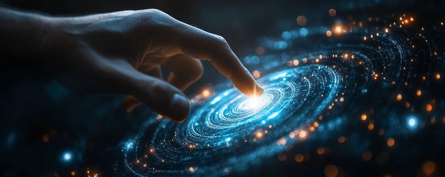 a finger reaching out to the center of a luminous spiral galaxylike interface, representing the initiation of interstellar communication, cosmic connections