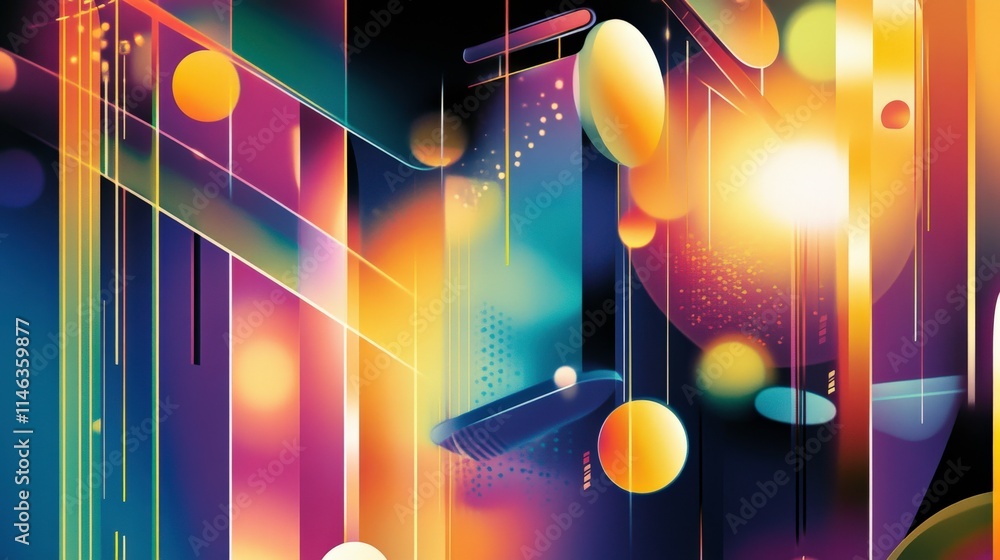 Poster vibrant abstract art with colorful shapes and lines depicting a dreamy digital space filled with lig
