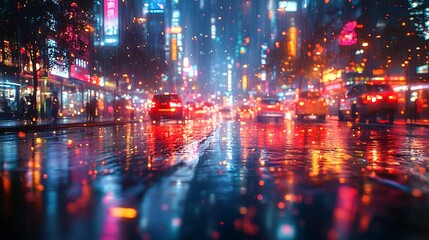 Obraz premium City Street Rain Night Traffic Lights Reflections