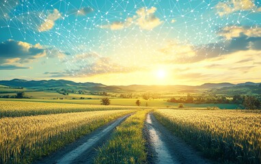 Obraz premium digital grid lines over a beautiful rural landscape, symbolizing the role of technology in agriculture and land management, expansive fields, bright blue skies