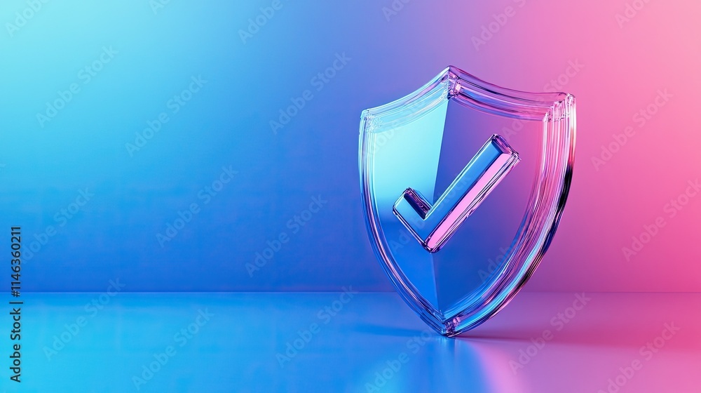 Poster modern digital shield icon with a check mark, representing security, trust, and verification in a vi