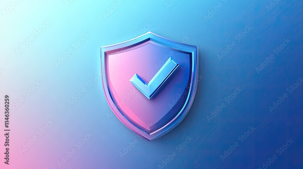 Poster modern digital shield icon featuring a checkmark symbolizing security and trust against a gradient b