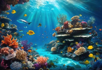 Obraz premium stunning underwater landscapes featuring vibrant coral diverse marine colorful lush aquatic flora creating breathtaking scenery, reef, fish, ocean, sea