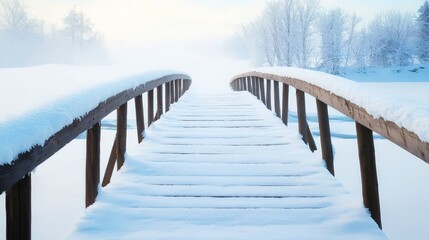 Naklejka premium A wooden bridge covered in snow, crossing a frosty creek in the forest.