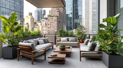 Modern city terrace with outdoor furniture, plants, and cityscape view.