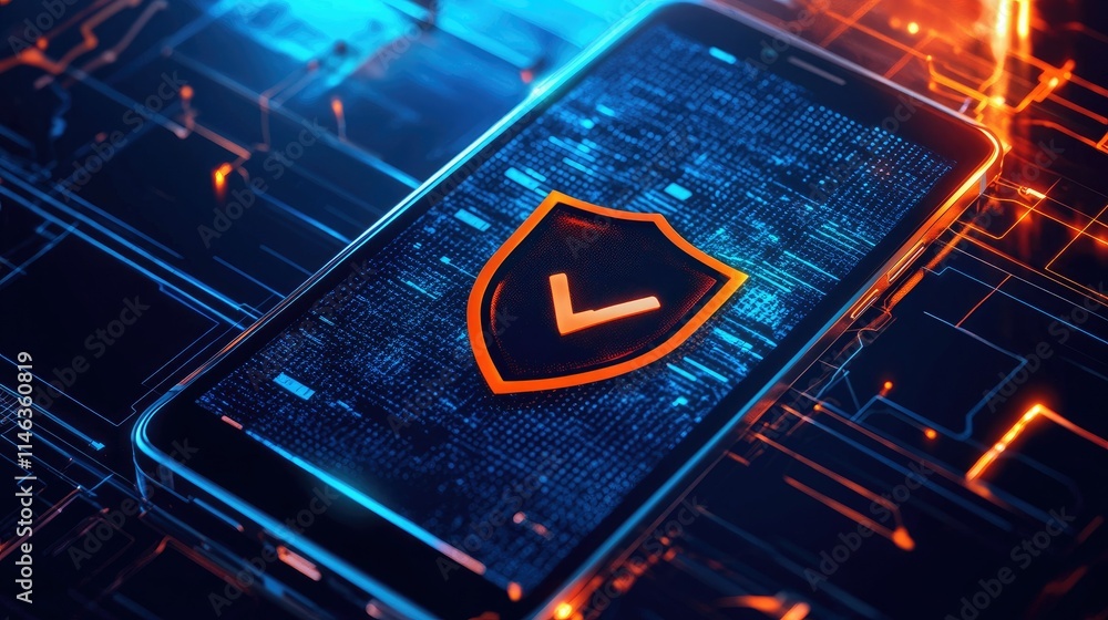 Poster modern smartphone displaying security shield icon with digital background representing cybersecurity
