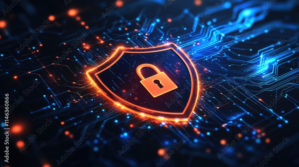Poster abstract digital background depicting cyber security concepts with glowing shield and padlock symbol